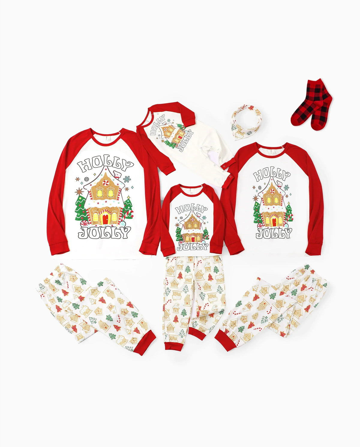 PatPat Matching Family Christmas Pajamas Gingerbread House & Christmas Tree Print Red
